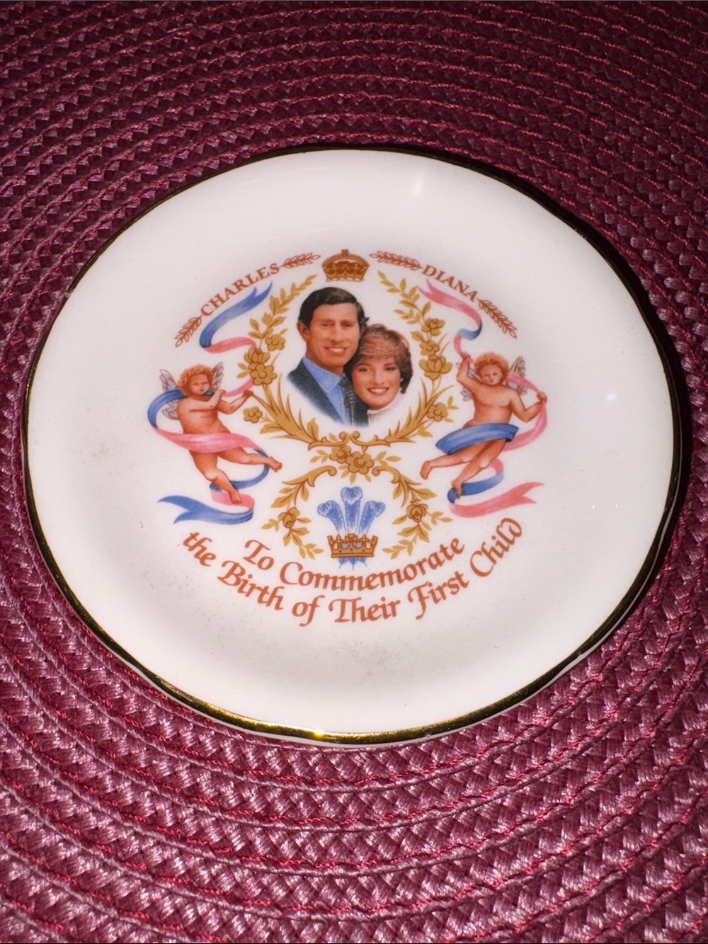 Charles and Diana Commemorate First Child Plate in White and Gold Trim 4 1/4”